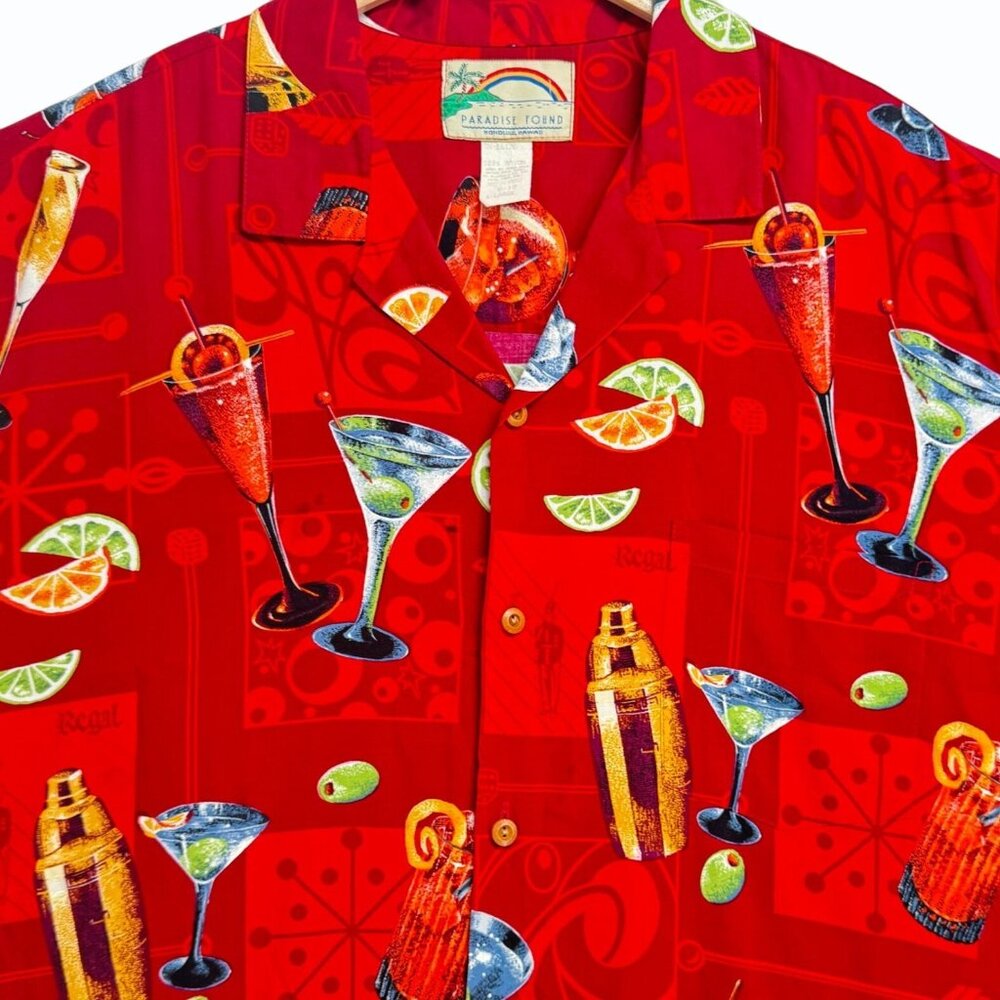 VTG 80s Paradise Found Hawaiian Shirt Mens XL Happy Hour‎ Martinis Cocktails